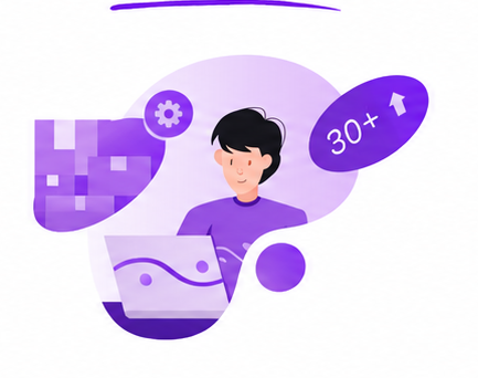 Illustration of a person setting up a store with 30+ products